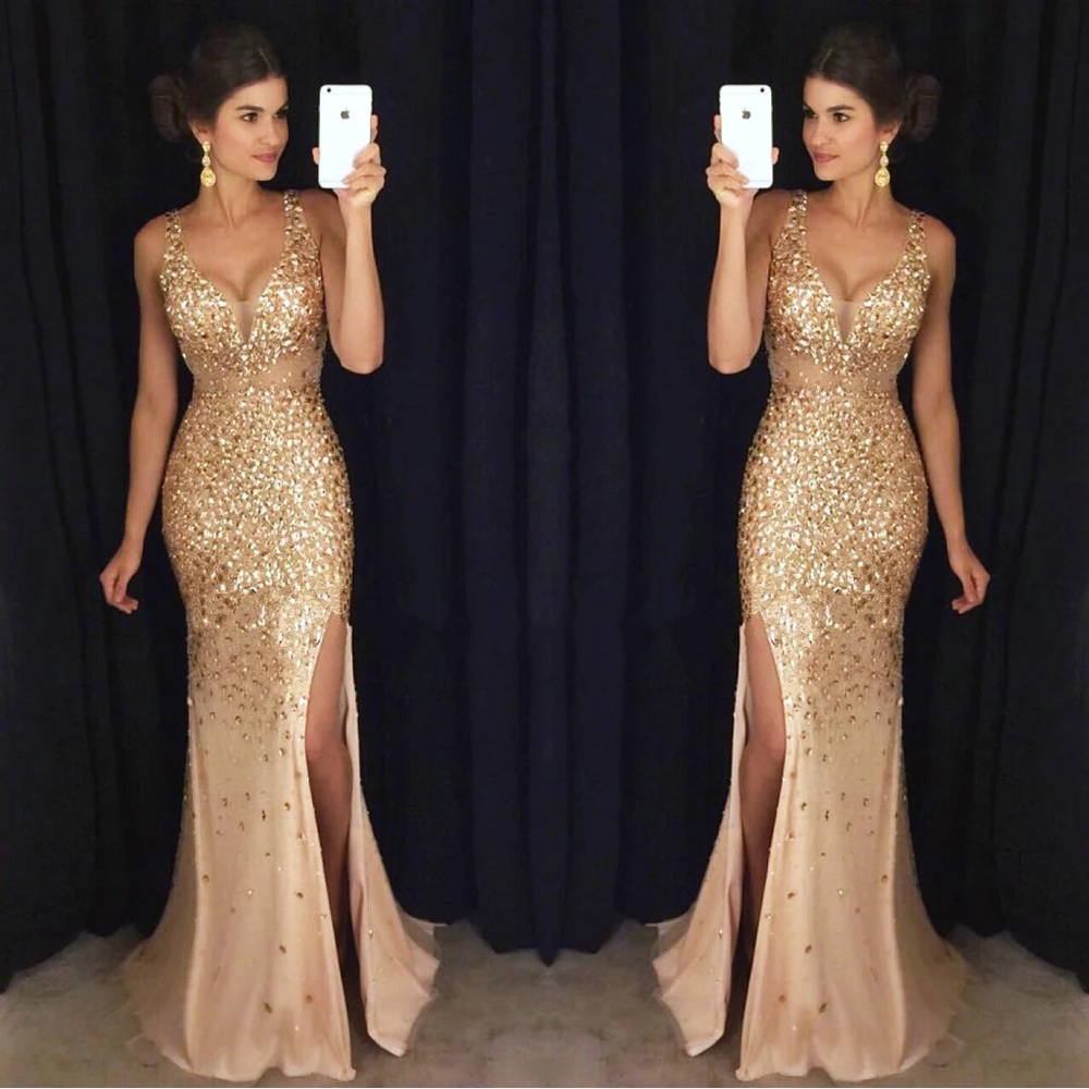 Beaded Gold Prom dress W/ Slit